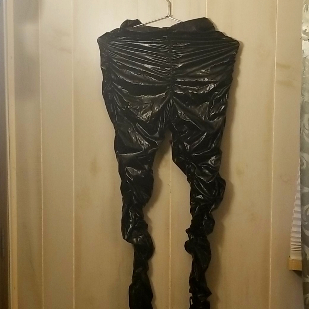 PU leather drawsting skinny pants